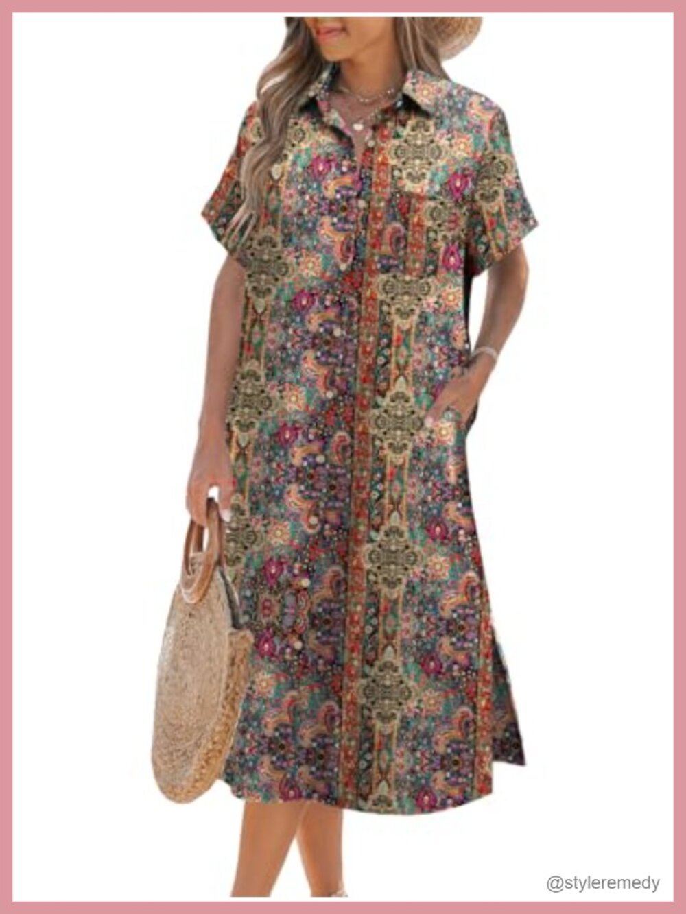 Women's Summer Button Down Shirt Dress Short Sleeve Midi Beach Cover Up with